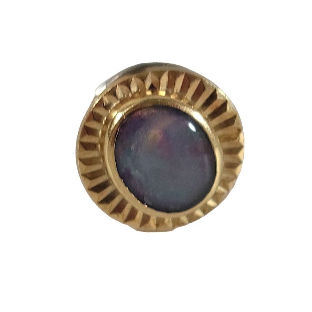 Signed 3.5g 14kt Gold Fire Opal Purple Opalite Cabochon Tie Tack Lapel Pin Brooc